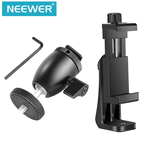 Neewer Cellphone Holder Clip Desktop Tripod Mount with Mini Ball Head Hot Shoe Adapter for 14-inch and 18-inch Ring Light and iPhone, Samsung, Huawei Smartphone Within 1.9-3.9 inches Width
