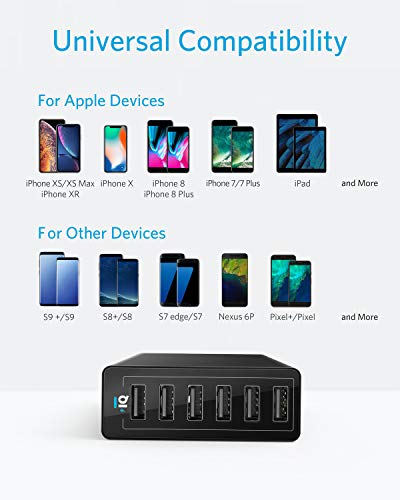 USB Wall Charger, Anker 60W 6 Port USB Charging Station, PowerPort 6 Multi USB Charger for iPhone Xs/Max/XR/X/8/7/Plus, iPad Pro/Air 2/Mini/iPod, Galaxy S9/S8/S7/Edge/Plus, Note, LG, HTC, and More