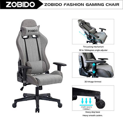 ZOBIDO Gaming Chair Office Comfortable Chair High Back Computer Chair tapa PC Racing Executive Ergonomic Adjustable Swivel Task Chair with Headrest and Pillow Pouch (Grey)