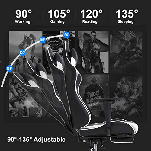 PC Gaming Chair Racing Office Chair Ergonomic Desk Chair Massage PU Leather Recliner Computer Chair with Lumbar Support Headrest Armrest Footrest Rolling Swivel Task Chair for Adults, White