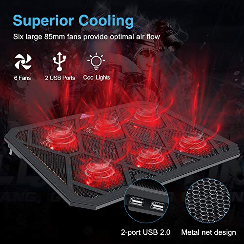 VOXON Laptop Cooling Pad, 6 Fans Notebook Laptop Cooler Cooling Pad with LED Lights, Dual USB Ports, Red LED Lights, Suitable for 12-19 Inch Laptops