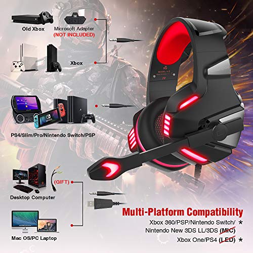 Gaming Headset for PS4 Xbox One, Micolindun Over Ear Gaming Headphones with Mic Stereo Surround Noise Reduction LED Lights Volume Control for Laptop, PC, Tablet, Smartphones