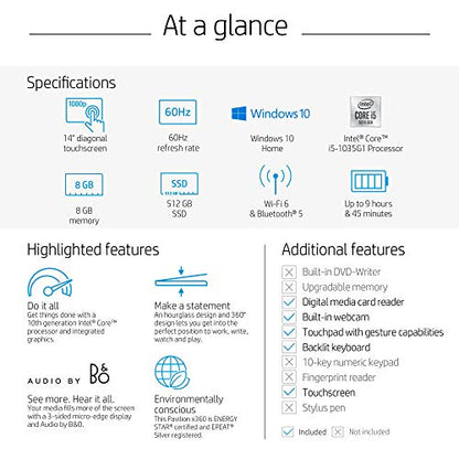 HP Pavilion x360 14 Convertible 2-in-1 Laptop, 14” Full HD Touchscreen Display, Intel Core i5, 8 GB DDR4 RAM, 512 GB SSD Storage, Windows 10 Home, Backlit Keyboard (14-dh2011nr, 2020 Model)