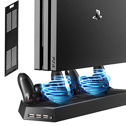 Kootek Vertical Stand with Cooling Fan for PS4 Slim / Regular PlayStation 4, Controllers Charging Station with Dual Charger Ports and USB HUB for Console Dualshock 4 Controller ( Not for PS4 Pro )