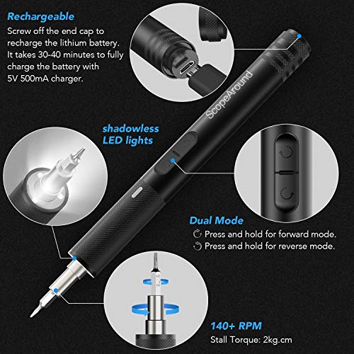 ScopeAround Portable Electric Screwdriver - Cordless Power Screwdriver Rechargeable, Lithium Precision Screwdriver, USB Charging with 21 Precision Bits and 3 LED Light, Repair Tools