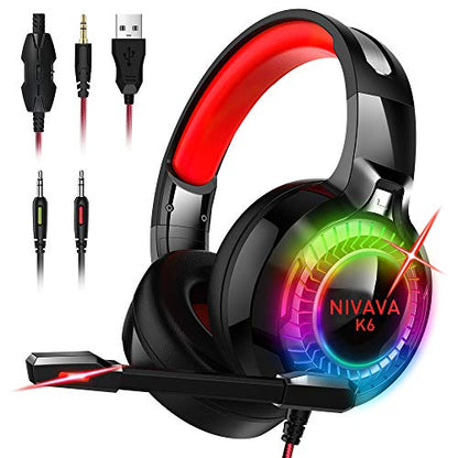 Nivava Gaming Headset for PS4, Xbox One, PC Headphones with Microphone LED Light Mic for Nintendo Switch PS5 Playstation Computer, K6(Red)