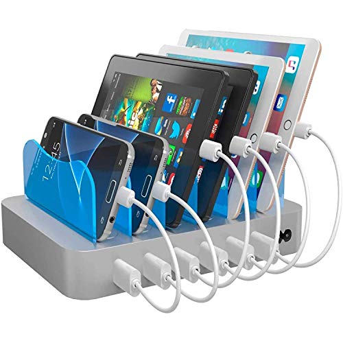 Hercules Tuff Charging Station for Multiple Devices, with 6 USB Fast Ports, 6 Short Mixed USB Cables Included for Cell Phones, Smart Phones, Tablets, and Other Electronics, Silver