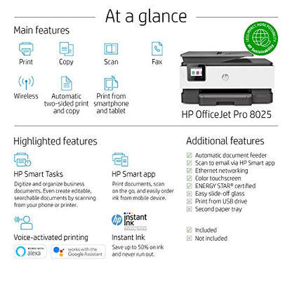 HP OfficeJet Pro 8025 All-in-One Wireless Printer, Smart Home Office Productivity, HP Instant Ink, Works with Alexa (1KR57A)