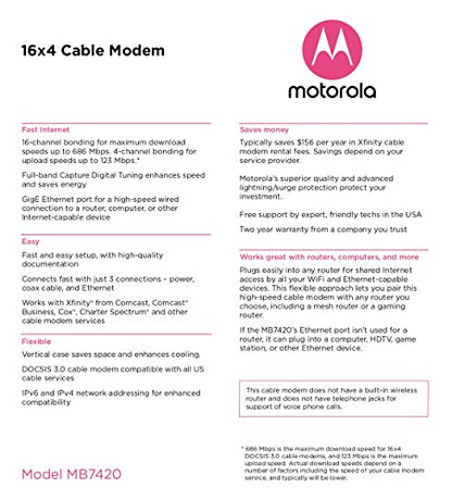 MOTOROLA 16x4 Cable Modem, Model MB7420, 686 Mbps DOCSIS 3.0, Certified by Comcast XFINITY, Charter Spectrum, Time Warner Cable, Cox, BrightHouse, and More