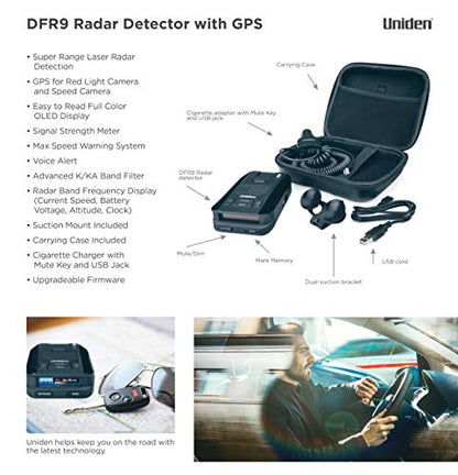 Uniden DFR9 Super Long Range Laser and Radar Detection, Built-In GPS for Red Light Cameras and Speed Camera Alerts, Easy to Read Full Color OLED Display