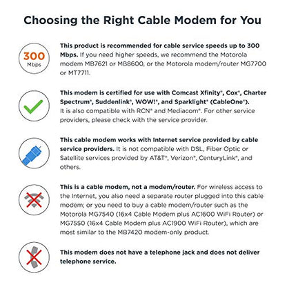 MOTOROLA 16x4 Cable Modem, Model MB7420, 686 Mbps DOCSIS 3.0, Certified by Comcast XFINITY, Charter Spectrum, Time Warner Cable, Cox, BrightHouse, and More