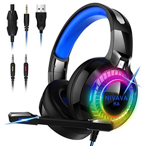 Nivava Gaming Headset for PS4, Xbox One, PC Headphones with Microphone LED Light Mic for Nintendo Switch PS5 Playstation Computer, K6(Blue)