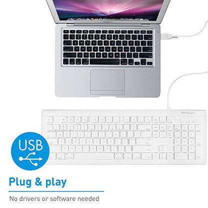 Macally Full Size USB Wired Keyboard (MKEYE) for Mac and PC (White) w/ Shortcut Hot Keys