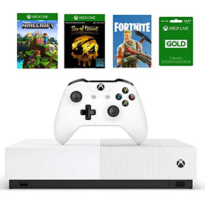 Xbox One S 1TB All-Digital Edition Bundle, Xbox One S 1TB Disc-free Console, Wireless Controller, Download Codes for Minecraft, Sea of Thieves and Fortnite Battle Royale, 3-month Xbox Live Gold Card