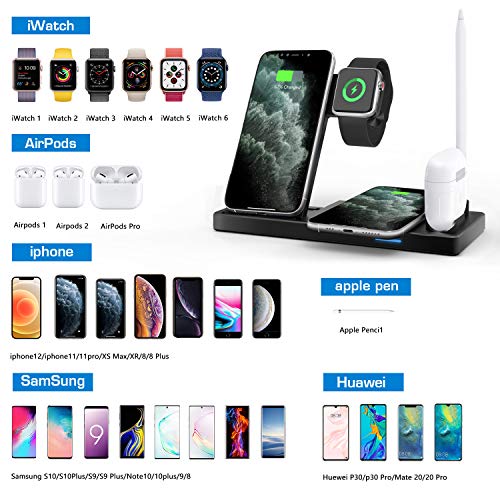 WAITIEE Updated Version,Wireless Charger 5 in 1,Qi Wireless Charging Station for iWatch 6/5/4/3/2/1& AirPods3/2/1 & Pencil & iPhone 12/11/11 Pro Max/XR/XS Max/Xs/X/8/8P Black(No iWatch Charging Cable)