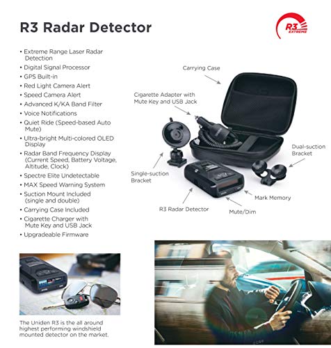 UNIDEN R3 EXTREME LONG RANGE Laser/Radar Detector, Record Shattering Performance, Built-in GPS w/ Mute Memory, Voice Alerts, Red Light & Speed Camera Alerts, Multi-Color OLED Display