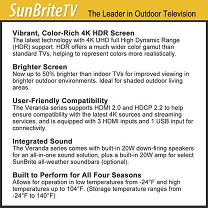 SunBriteTV Weatherproof Outdoor 55-Inch Veranda (2nd Gen) 4K UHD HDR LED Television - SB-V-55-4KHDR-BL Black