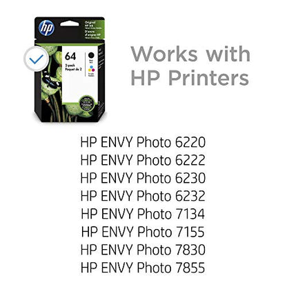 HP 64 | 2 Ink Cartridges | Black, Tri-color | N9J90AN, N9J89AN