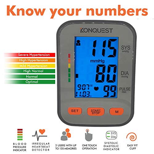 Konquest KBP-2704A Automatic Upper Arm Blood Pressure Monitor with Backlit Display - Accurate, Large Adjustable Cuff - Irregular Heartbeat & Hypertension Detector - Tensiometro Digital