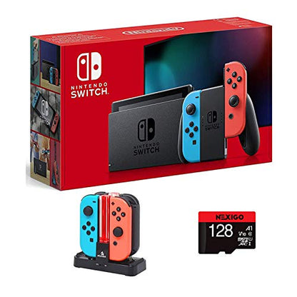 Nintendo 2020 Newest Switch Family Holiday Bundle - Neon, 6.2" Touchscreen LCD Display, Bluetooth + NexiGo Joy-Con and Pro Controllers Charging Dock + NexiGo 128GB MicroSD Card Bundle