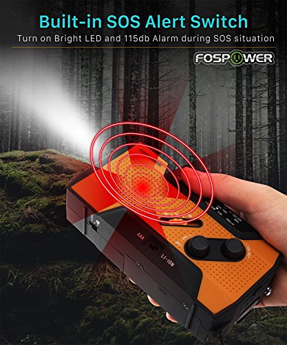 FosPower Emergency Solar Hand Crank Portable Radio, NOAA Weather Radio for Household and Outdoor Emergency with AM/FM, LED Flashlight, Reading Lamp, 2000mAh Power Bank USB Charger and SOS Alarm