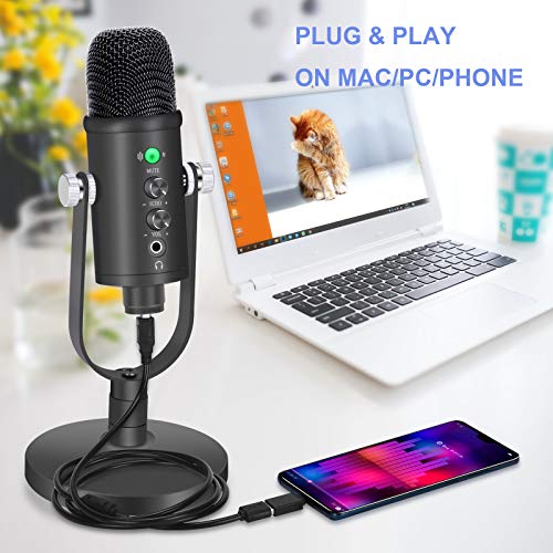 Gaming Microphone, Professional USB Condenser Microphone kit for Mac/PC/Smartphone, Low Noise Microphone with Mute Key for YouTube, Recording, Podcast, Streaming, Metal Mic with Upgraded Stand