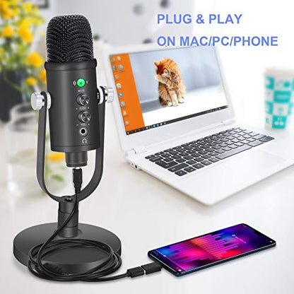 Gaming Microphone, Professional USB Condenser Microphone kit for Mac/PC/Smartphone, Low Noise Microphone with Mute Key for YouTube, Recording, Podcast, Streaming, Metal Mic with Upgraded Stand