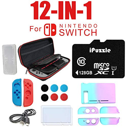 Newest Nintendo Switch with Gray Joy-Con - 6.2" Touchscreen LCD Display, 802.11AC WiFi, Bluetooth 4.1, 32GB of Internal Storage - Family Holiday Bundle - Gray - 128GB SD Card + 12-in-1 Carrying Case