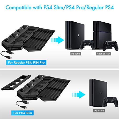Kootek Vertical Stand for PS4 Slim/Pro/Regular Playstation 4, Controller Charging Station with Cooling Fan Game Storage and Dual Charger Indicator USB Ports for DualShock 4 Wireless Controllers