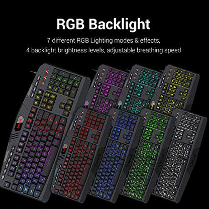 Redragon S101 Wired Gaming Keyboard and Mouse Combo RGB Backlit Gaming Keyboard with Multimedia Keys Wrist Rest and Red Backlit Gaming Mouse 3200 DPI for Windows PC Gamers (Black)