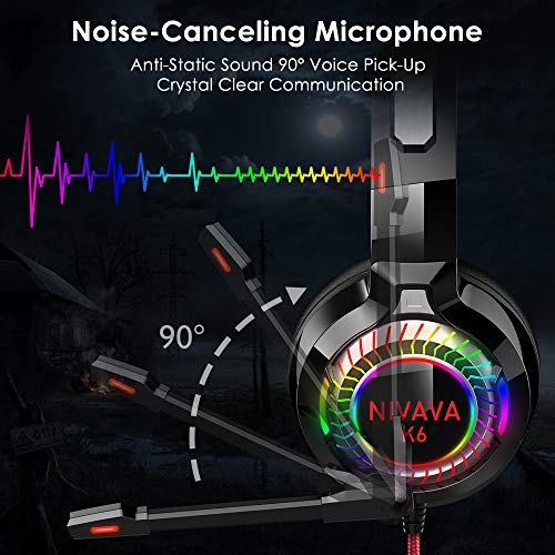 Nivava Gaming Headset for PS4, Xbox One, PC Headphones with Microphone LED Light Mic for Nintendo Switch PS5 Playstation Computer, K6(Red)