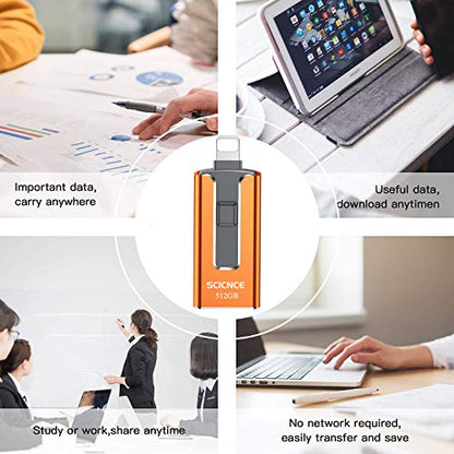 USB3.0 Flash Drives 512GB, SCICNCE Memory Drive 512GB Photo Stick Compatible with Mobile Phone & Computers, Mobile Phone External Expandable Memory Storage Drive, Take More Photos & Videos (Orange)