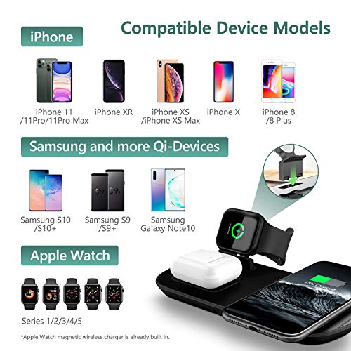 Wireless Charger, 3 in 1 Wireless Charging Pad with Magnetic Charger for Apple Watch 5/4/3/2/1, Fast Charging Station Compatible with iPhone 11/XR/XS/X/8P/8/SE 2020, Samsung S20/Note 10/S9, AirPods
