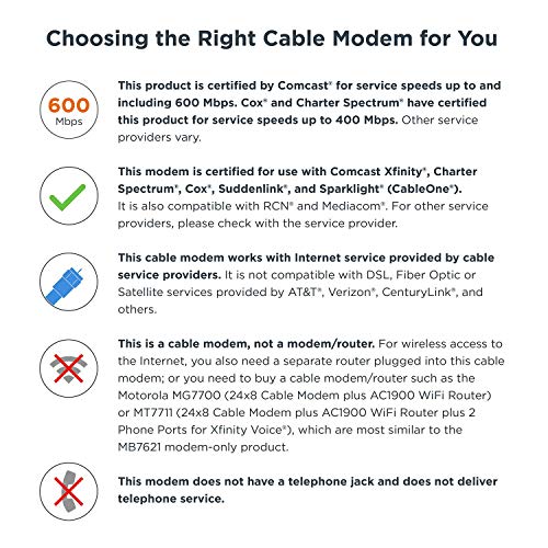 Motorola 24x8 Cable Modem, Model MB7621, DOCSIS 3.0. Approved by Comcast Xfinity, Cox, Charter Spectrum, Time Warner Cable, and More. Downloads 1,000 Mbps Maximum (No WiFi)