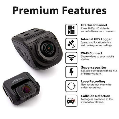 Rexing V1P Pro Dual 1080p Full HD Front and Rear 170 Degree Wide Angle Wi-Fi Car Dash Cam with Built-in GPS Logger, Supercapacitor, 2.4" LCD Screen, G-Sensor, Loop Recording, Mobile App