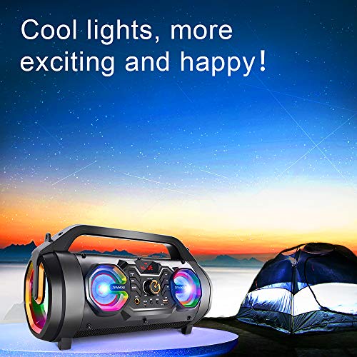 Bluetooth Speakers, 30W Portable Bluetooth Boombox with Subwoofer, FM Radio, RGB Colorful Lights, EQ, Stereo Sound, Booming Bass, 10H Playtime Wireless Outdoor Speaker for Home, Party, Camping, Travel
