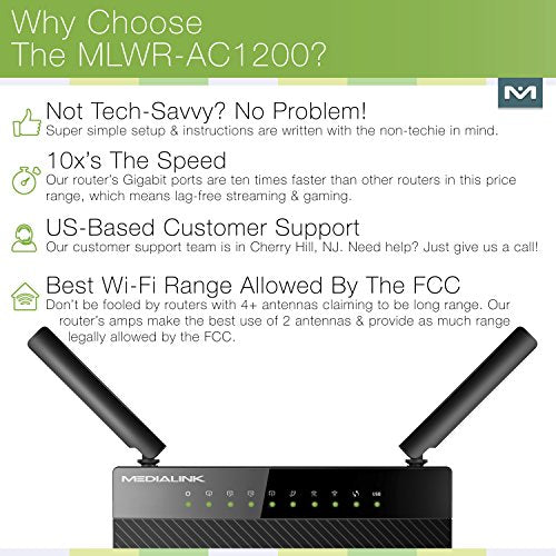 Medialink AC1200 Wireless Gigabit Router - Gigabit (1000 Mbps) Wired Speed & AC 1200 Mbps Combined Wireless Speed (Part# MLWR-AC1200R)