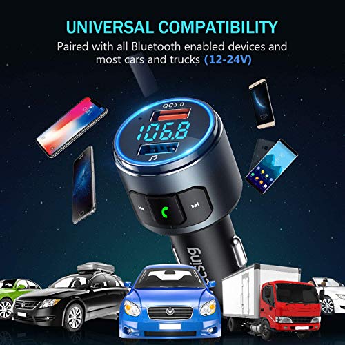 VicTsing (Upgraded Version) V5.0 Bluetooth FM Transmitter for Car, QC3.0 & LED Backlit Wireless Bluetooth FM Radio Adapter Music Player /Car Kit with Hands-Free Calls, Siri Google Assistant