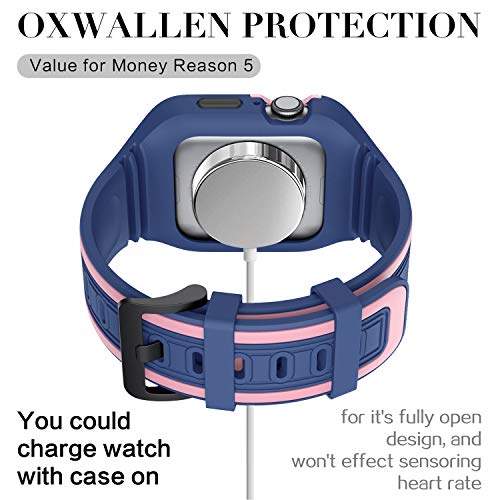 OXWALLEN Snap On Bumper for Apple Watch Case with Band 44mm 42mm, Ruggged Drop-proof Screen Protector Accessries Cover for iWatch Series 6/SE/3/4/5 Active Sport Women & Men - Blue/Pink