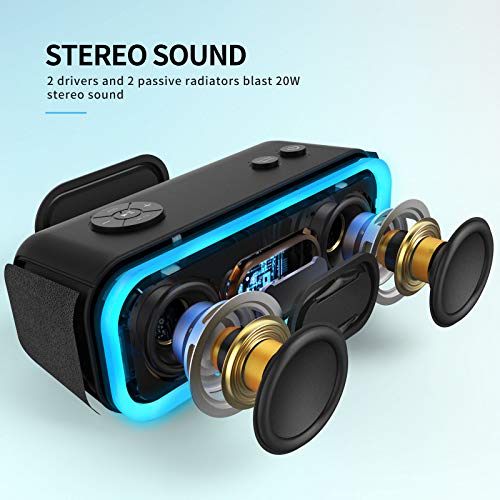 Bluetooth Speakers, DOSS SoundBox Pro Portable Wireless Bluetooth Speaker with 20W Stereo Sound, Active Extra Bass, Wireless Stereo Pairing, Multiple Colors Lights, IPX5, 20 Hrs Battery Life -Black