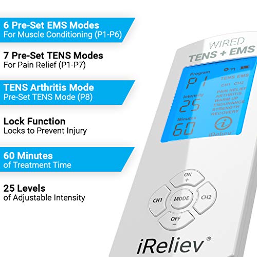 TENS Unit + EMS Muscle Stimulator by iReliev: Comes with 14 Therapy Modes, Premium Pain Relief and Recovery System, Rechargeable, Large Back Lit Display, Large and Small Electrode Pads