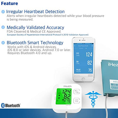 iHealth Track Wireless Upper Arm Blood Pressure Monitor with Wide range Cuff that fits Standard to Large Adult Arms , Bluetooth Compatible for Apple & Android Devices