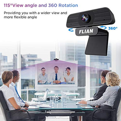 Flian Webcam with Microphone, 2K Webcam Viewing Angle 115 Degrees, PC Laptop Desktop USB Streaming Webcams, Built-in Dual Noise Reduction Mics, Computer Camera for Video Calling, Conferencing, Gaming