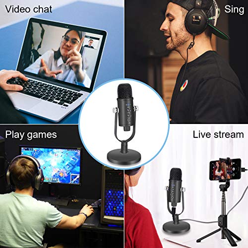Gaming Microphone, Professional USB Condenser Microphone kit for Mac/PC/Smartphone, Low Noise Microphone with Mute Key for YouTube, Recording, Podcast, Streaming, Metal Mic with Upgraded Stand