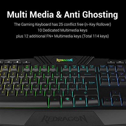 Redragon S101 Wired Gaming Keyboard and Mouse Combo RGB Backlit Gaming Keyboard with Multimedia Keys Wrist Rest and Red Backlit Gaming Mouse 3200 DPI for Windows PC Gamers (Black)