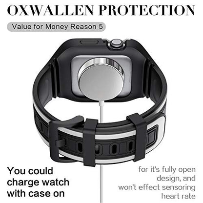 OXWALLEN Snap On Bumper for Apple Watch Case with Band 44mm 42mm, Ruggged Drop-proof Screen Protector Accessries Cover for iWatch Series 6/SE/3/4/5 Active Sport Women & Men - Black/White