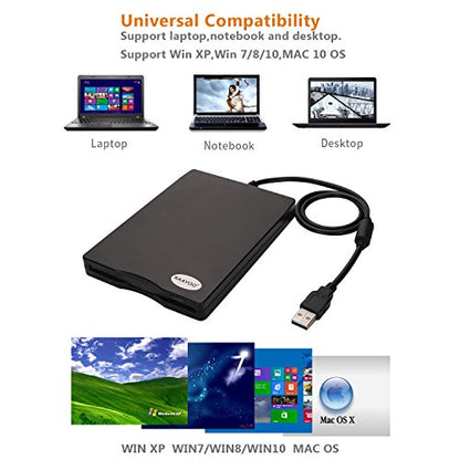 RAAYOO USB Floppy Disk Reader Drive, 3.5” External Portable 1.44 MB FDD Diskette Drive for Mac Windows 10/7/8/XP/Vista PC Laptop Desktop Notebook Computer Plug and Play No Extra Drivers– Black