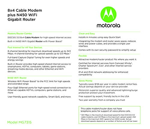 MOTOROLA MG7315 8x4 Cable Modem Plus N450 Single Band Wi-Fi Gigabit Router with Power Boost, 343 Mbps Maximum DOCSIS 3.0 - Approved by Comcast Xfinity, Cox, Charter Spectrum