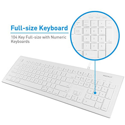 Macally Full Size USB Wired Keyboard (MKEYE) for Mac and PC (White) w/ Shortcut Hot Keys