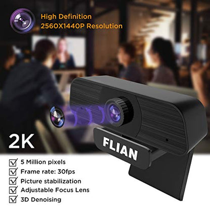 Flian Webcam with Microphone, 2K Webcam Viewing Angle 115 Degrees, PC Laptop Desktop USB Streaming Webcams, Built-in Dual Noise Reduction Mics, Computer Camera for Video Calling, Conferencing, Gaming